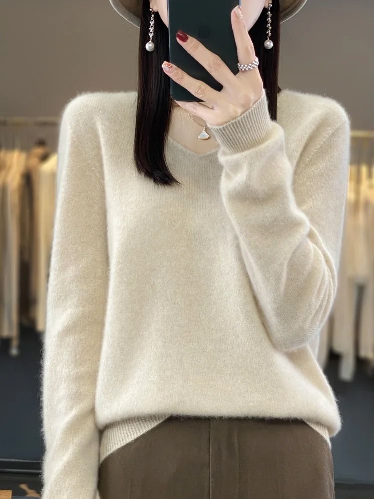 Merino Wool V-Neck Sweater for Women – Soft Cashmere Knit Pullover for Autumn and Winter