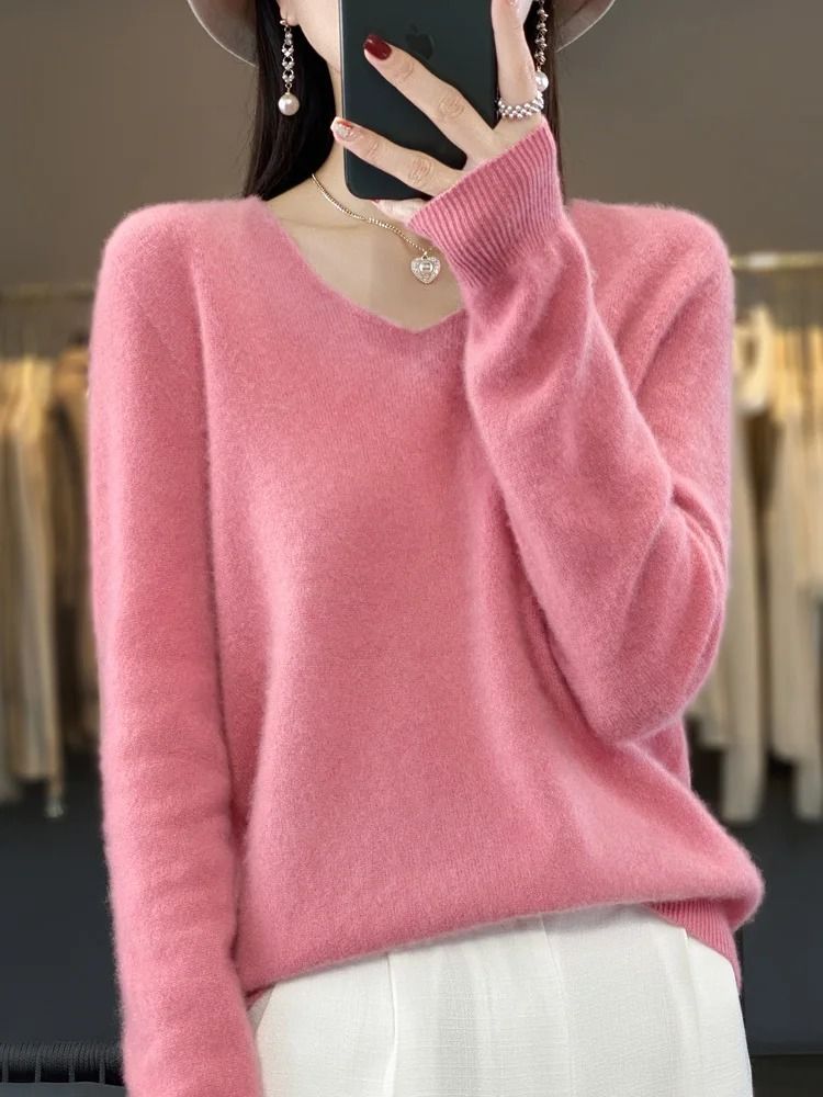 Merino Wool V-Neck Sweater for Women – Soft Cashmere Knit Pullover for Autumn and Winter