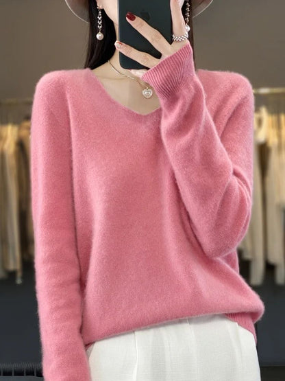 Merino Wool V-Neck Sweater for Women – Soft Cashmere Knit Pullover for Autumn and Winter