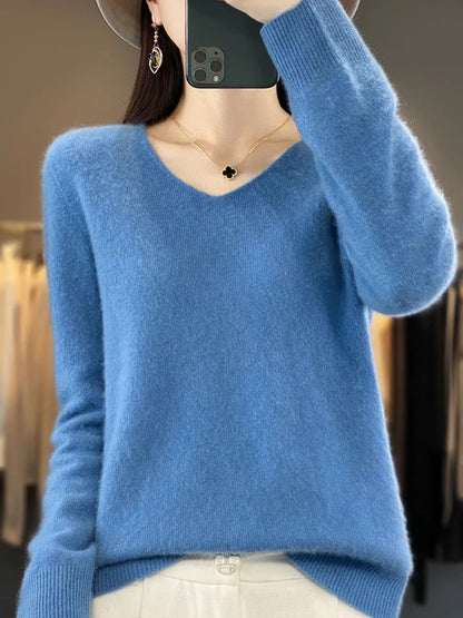 Merino Wool V-Neck Sweater for Women – Soft Cashmere Knit Pullover for Autumn and Winter