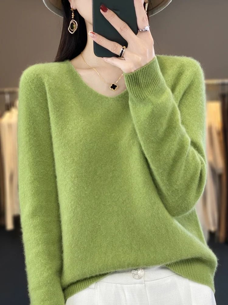 Merino Wool V-Neck Sweater for Women – Soft Cashmere Knit Pullover for Autumn and Winter