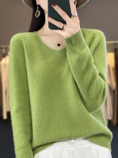 Merino Wool V-Neck Sweater for Women – Soft Cashmere Knit Pullover for Autumn and Winter