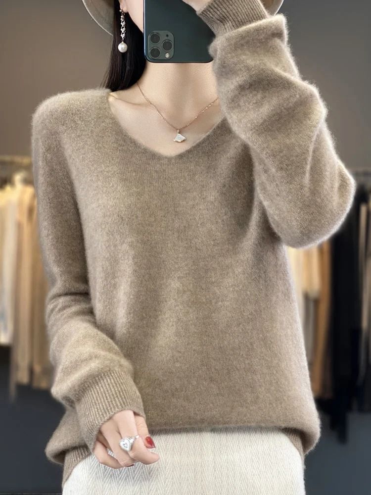 Merino Wool V-Neck Sweater for Women – Soft Cashmere Knit Pullover for Autumn and Winter