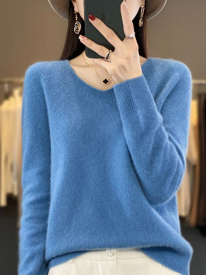 Merino Wool V-Neck Sweater for Women – Soft Cashmere Knit Pullover for Autumn and Winter
