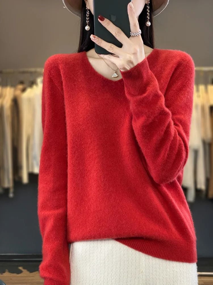 Merino Wool V-Neck Sweater for Women – Soft Cashmere Knit Pullover for Autumn and Winter