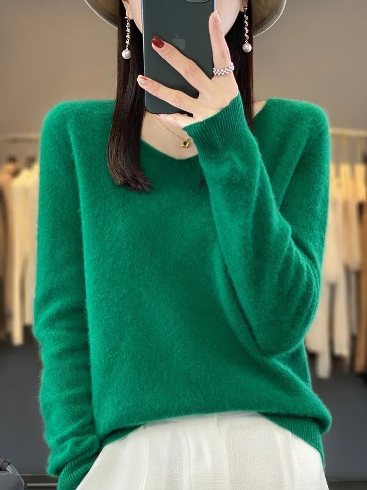 Merino Wool V-Neck Sweater for Women – Soft Cashmere Knit Pullover for Autumn and Winter