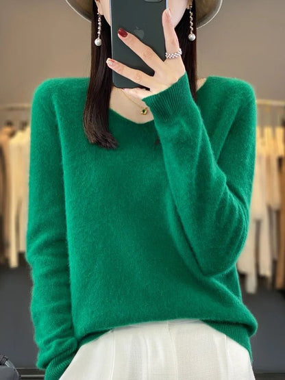Merino Wool V-Neck Sweater for Women – Soft Cashmere Knit Pullover for Autumn and Winter