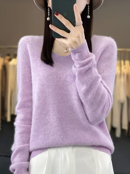 Merino Wool V-Neck Sweater for Women – Soft Cashmere Knit Pullover for Autumn and Winter