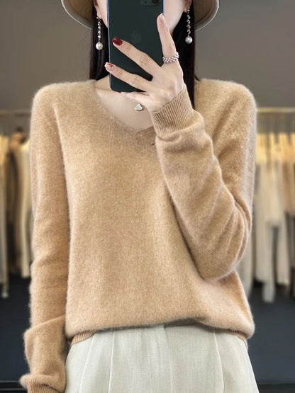 Merino Wool V-Neck Sweater for Women – Soft Cashmere Knit Pullover for Autumn and Winter