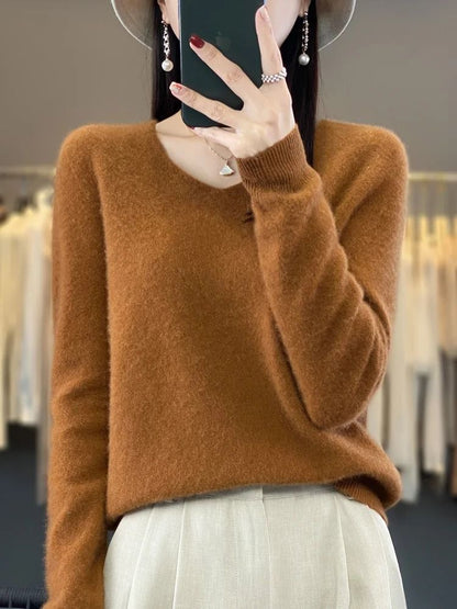 Merino Wool V-Neck Sweater for Women – Soft Cashmere Knit Pullover for Autumn and Winter