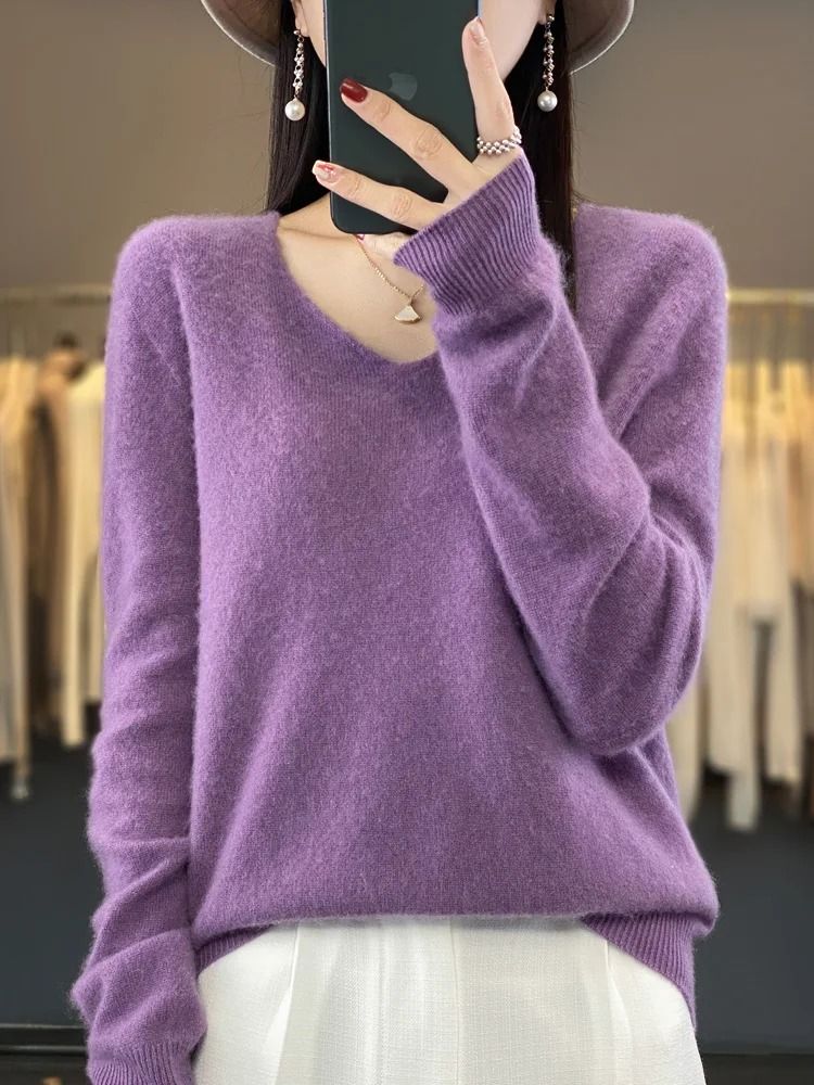 Merino Wool V-Neck Sweater for Women – Soft Cashmere Knit Pullover for Autumn and Winter