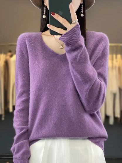 Merino Wool V-Neck Sweater for Women – Soft Cashmere Knit Pullover for Autumn and Winter