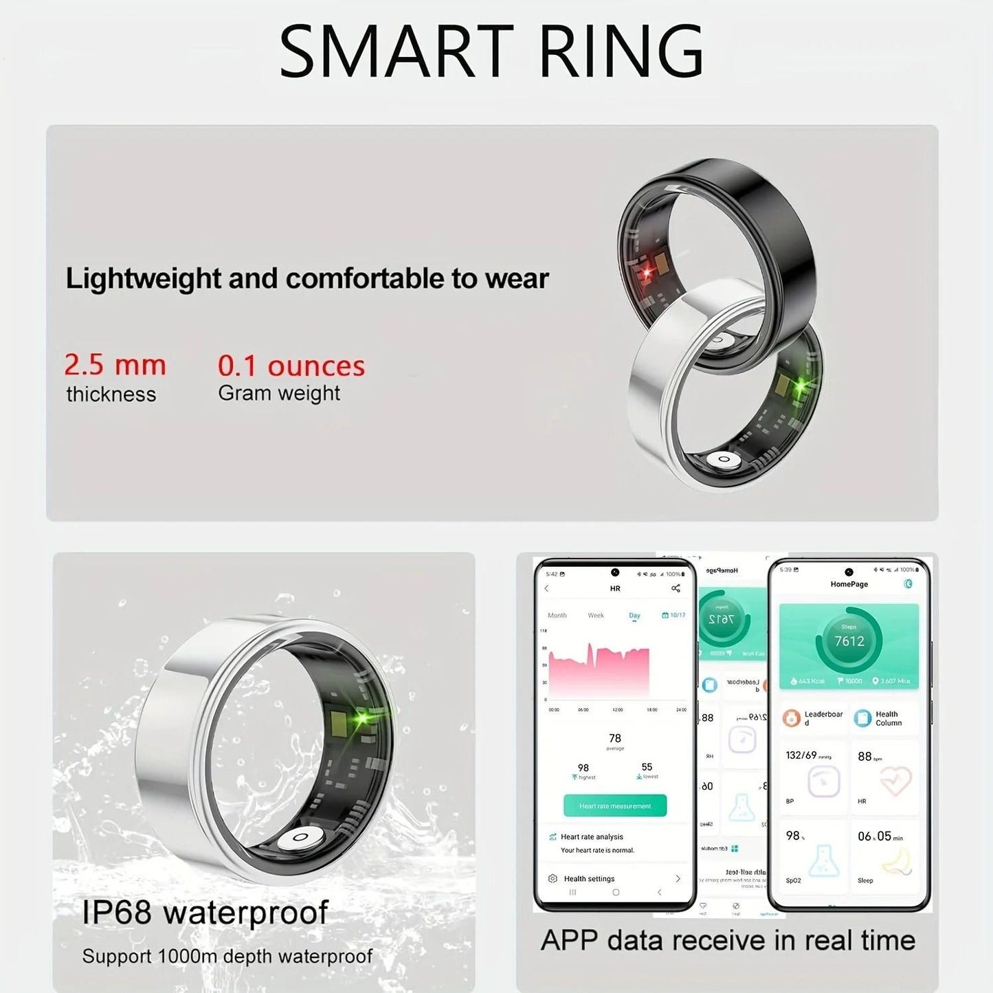 Smart Ring with Sleep Tracking and Motion Monitoring for iPhone and Android