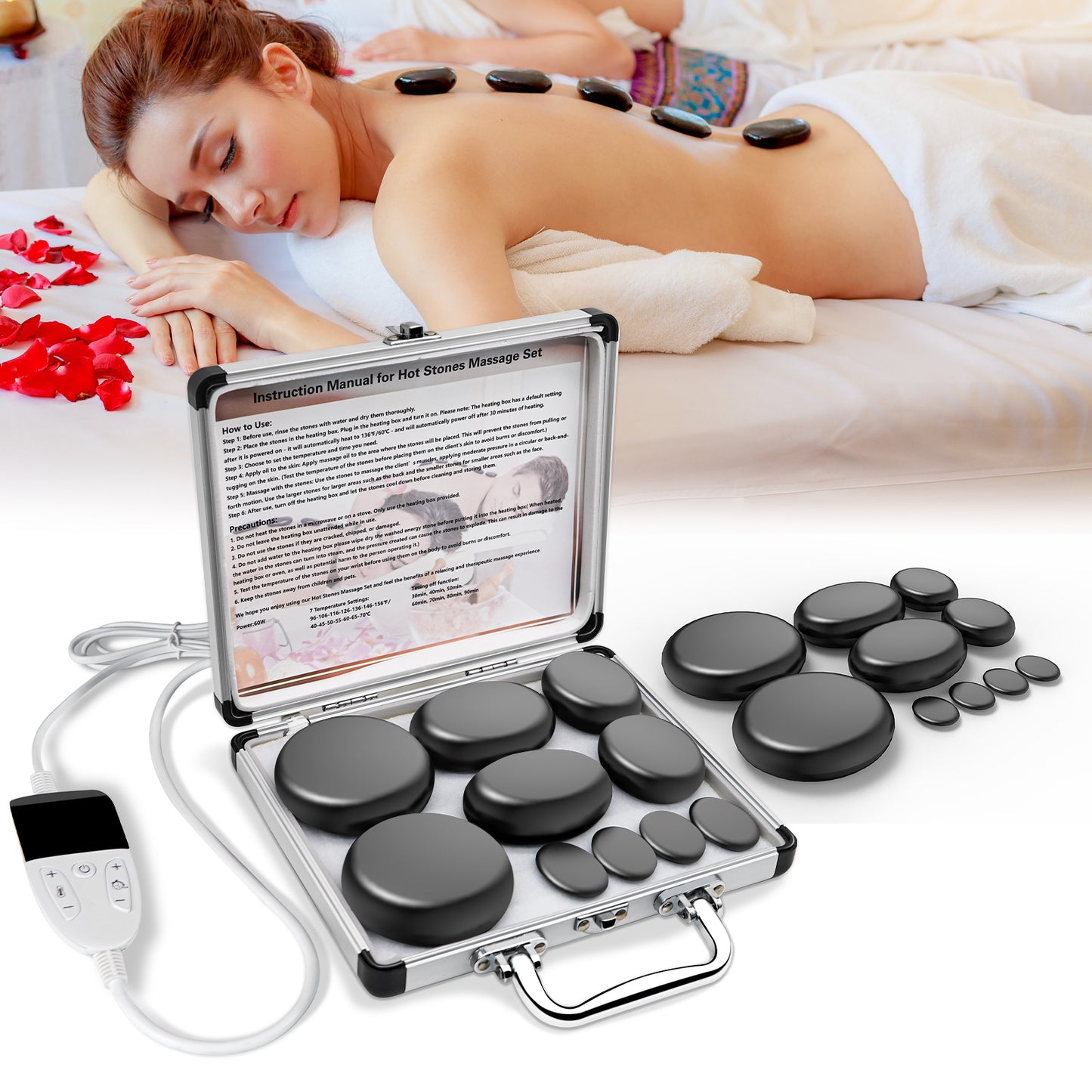 Professional Spa Massage Tool, Hot Stone Massage Set with Temperature Adjustment, Hot Stone Massage Set with Heater