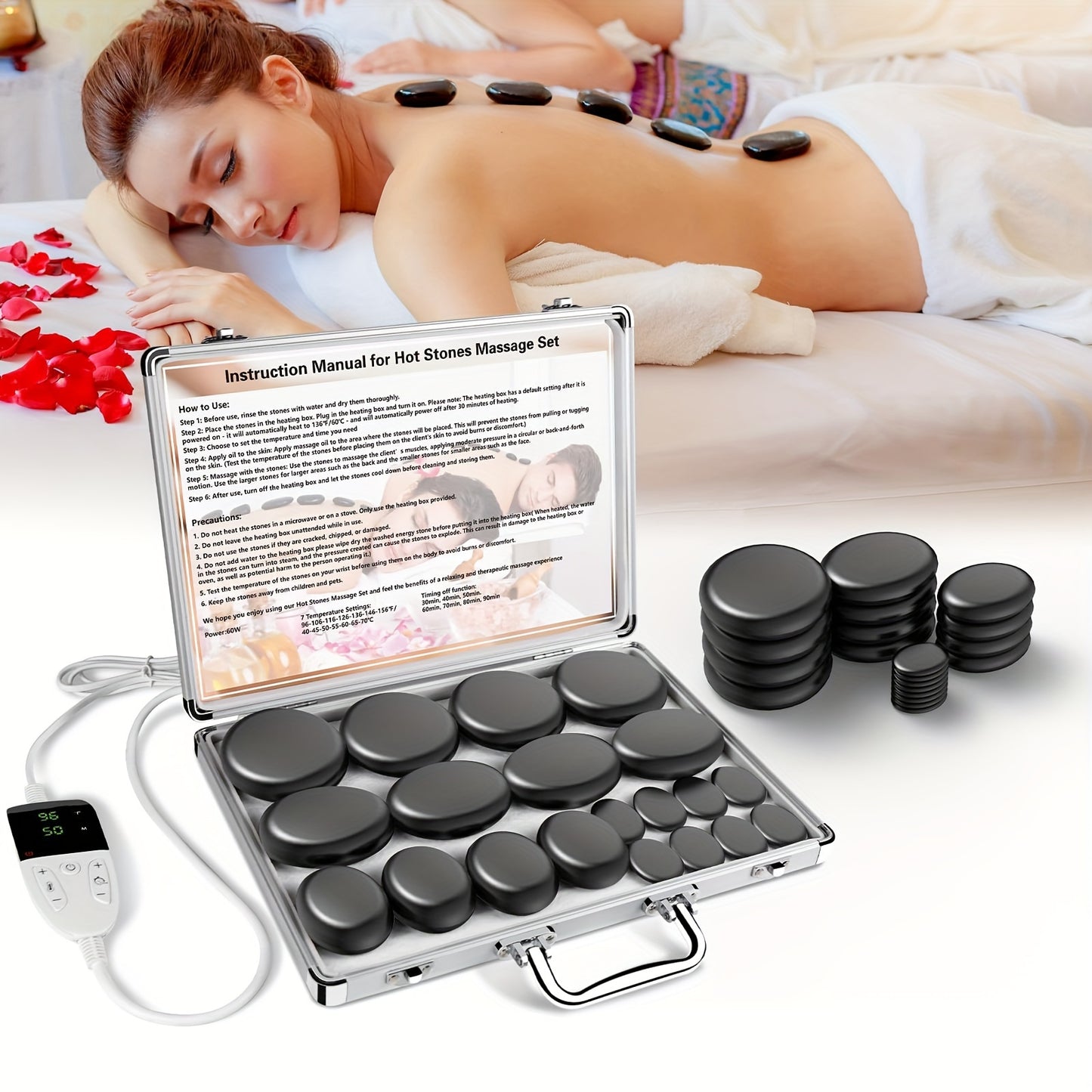 Professional Spa Massage Tool, Hot Stone Massage Set with Temperature Adjustment, Hot Stone Massage Set with Heater