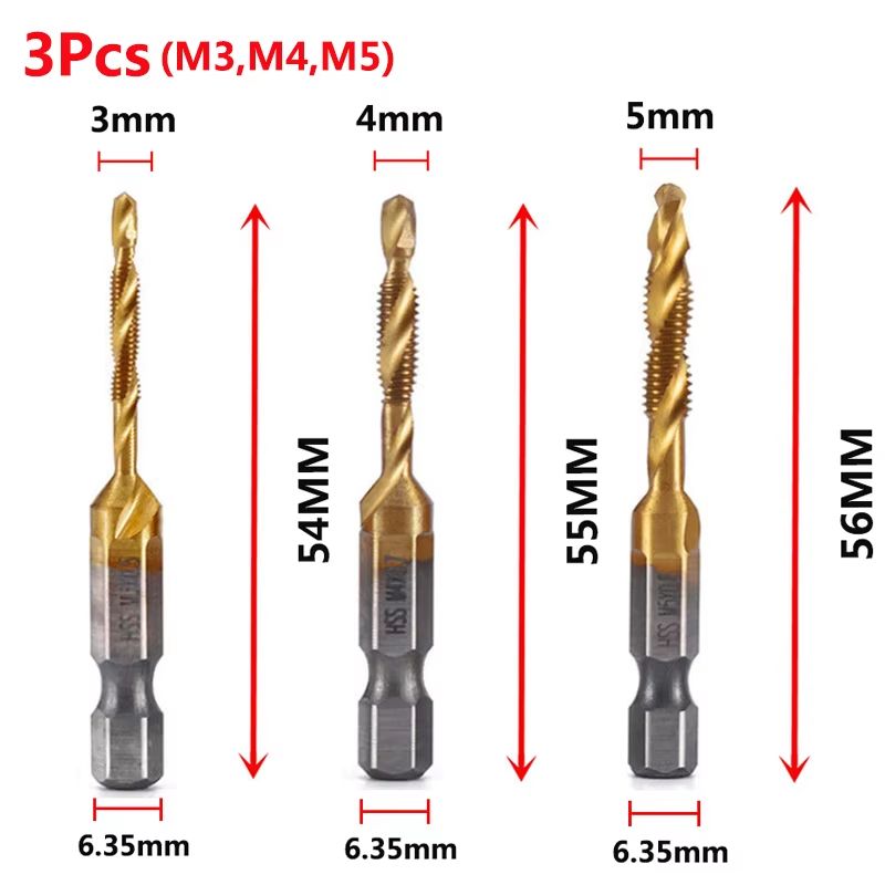 Titanium Plated HSS Hex Shank Screw Tap Drill Bits – Metric M3–M10