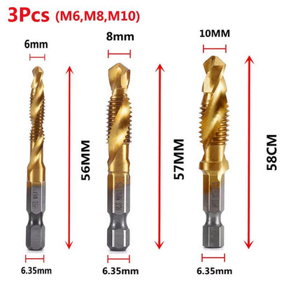 Titanium Plated HSS Hex Shank Screw Tap Drill Bits – Metric M3–M10