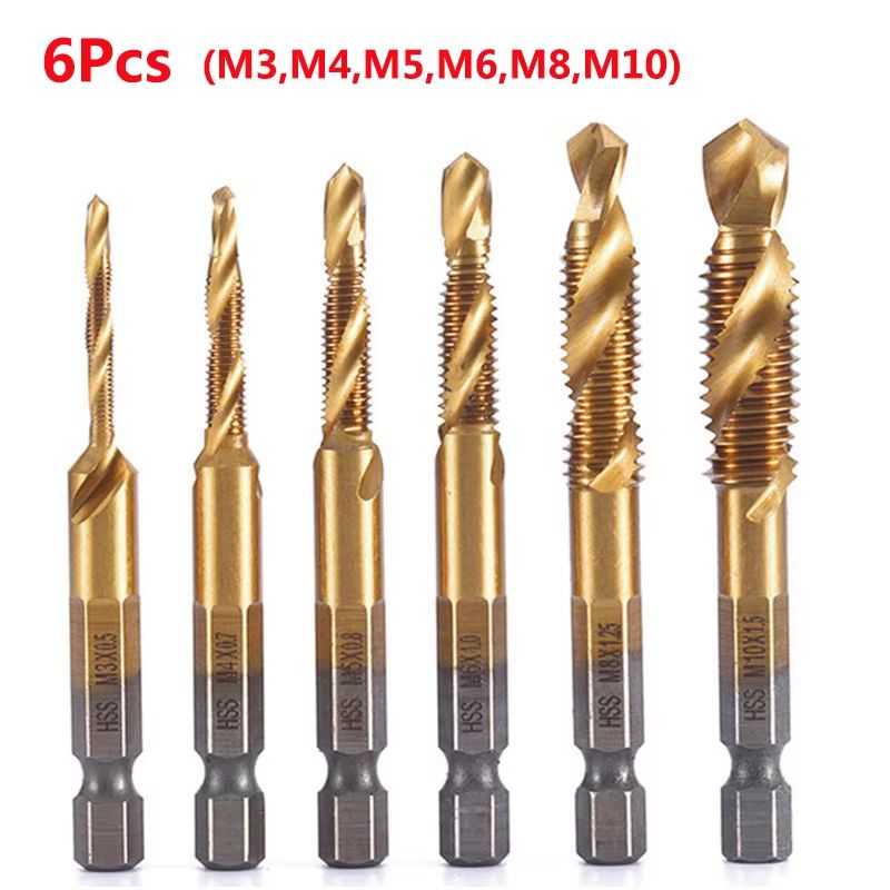 Titanium Plated HSS Hex Shank Screw Tap Drill Bits – Metric M3–M10