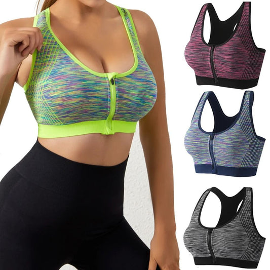 Women Sports Bra Front Zipper Breathable High Impact Yoga Running Vest