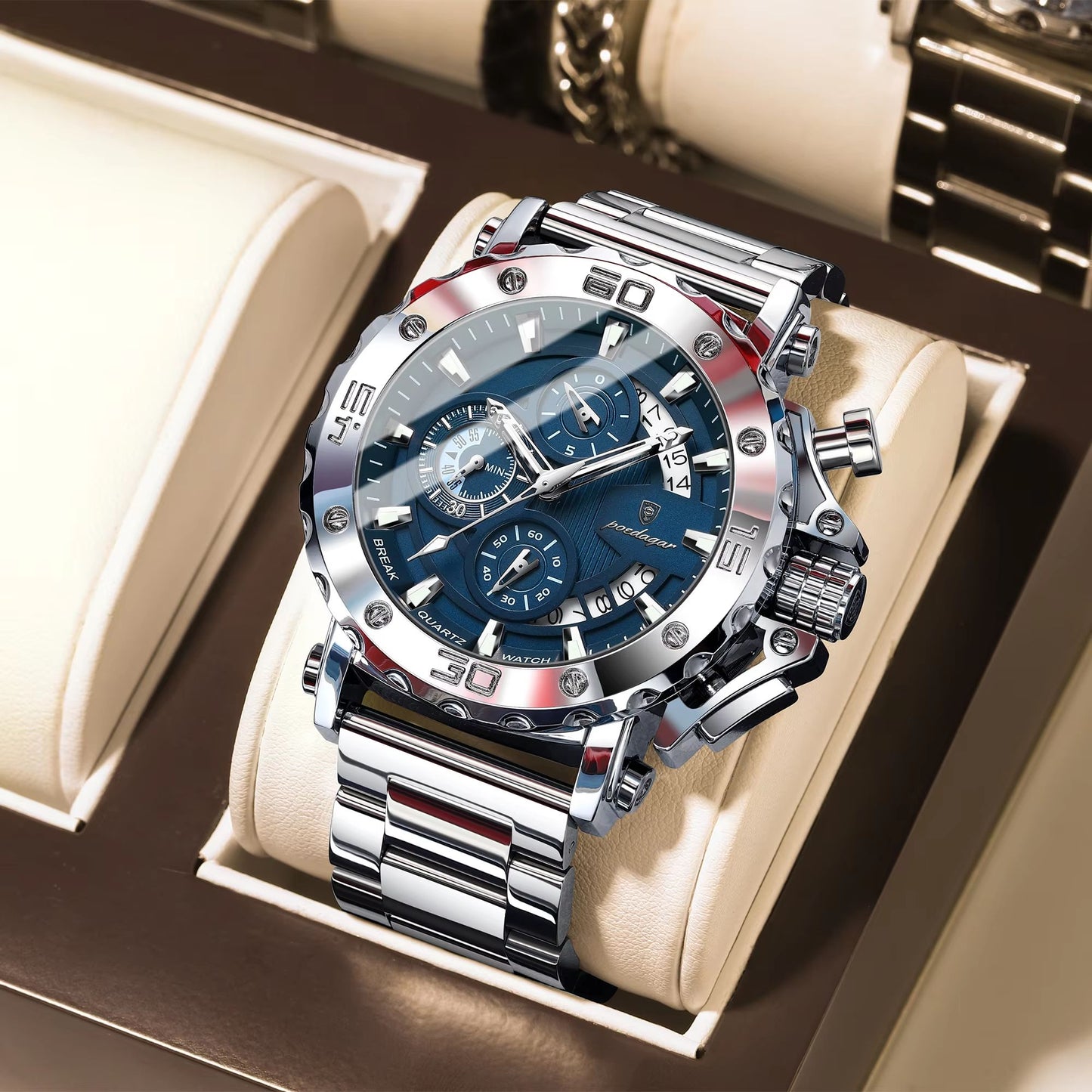 POEDAGAR Luxury Men's Stainless Steel Chronograph Watch Waterproof Luminous Calendar Quartz