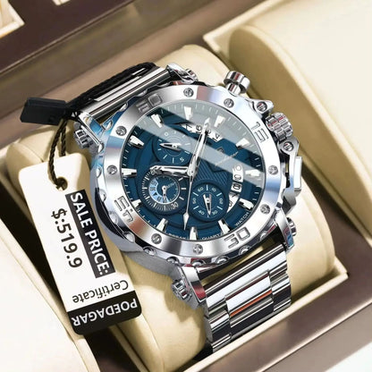 POEDAGAR Luxury Men's Stainless Steel Chronograph Watch Waterproof Luminous Calendar Quartz