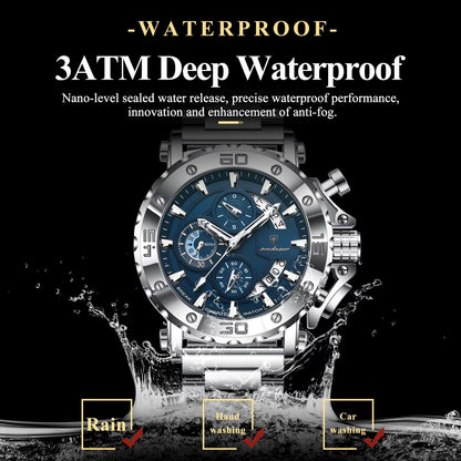 POEDAGAR Luxury Men's Stainless Steel Chronograph Watch Waterproof Luminous Calendar Quartz