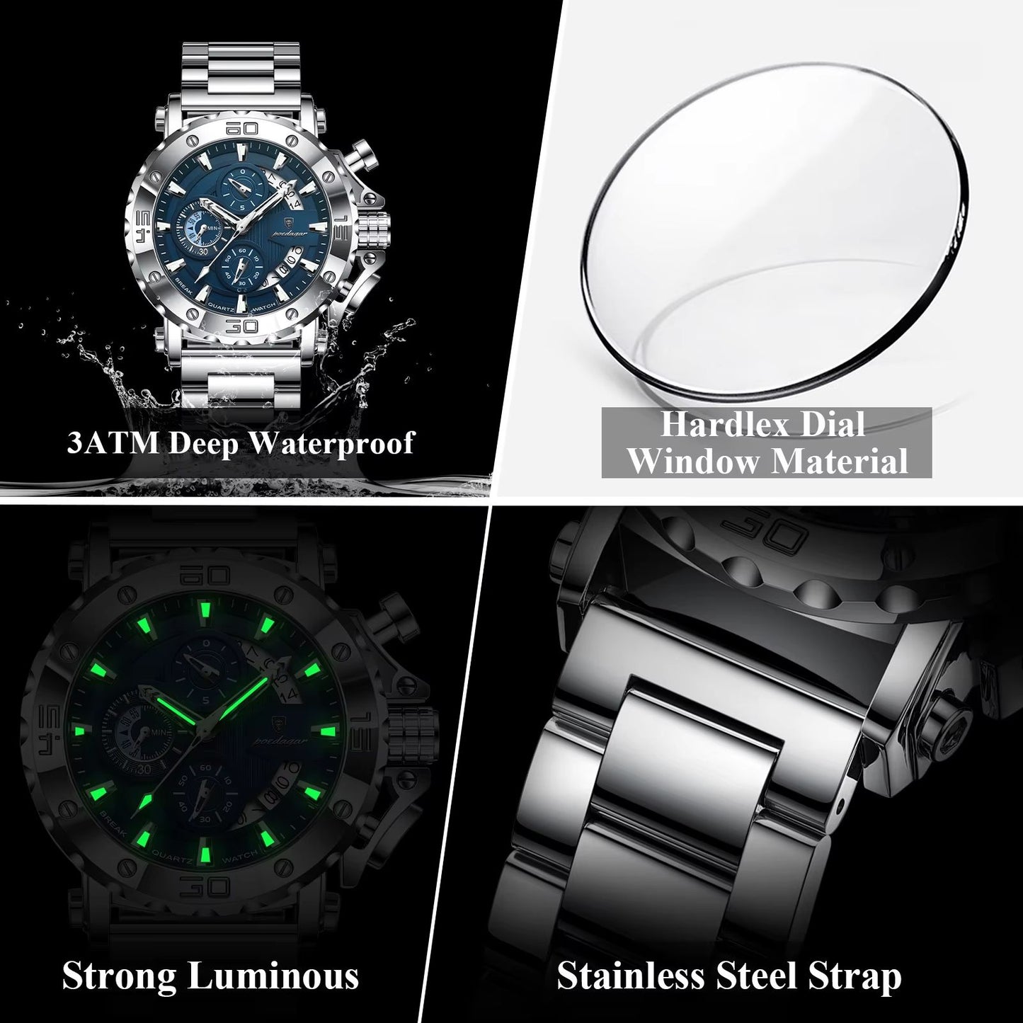 POEDAGAR Luxury Men's Stainless Steel Chronograph Watch Waterproof Luminous Calendar Quartz