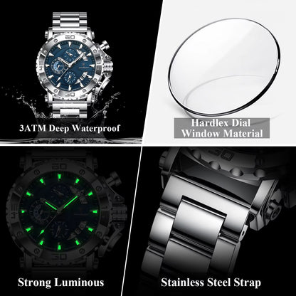 POEDAGAR Luxury Men's Stainless Steel Chronograph Watch Waterproof Luminous Calendar Quartz