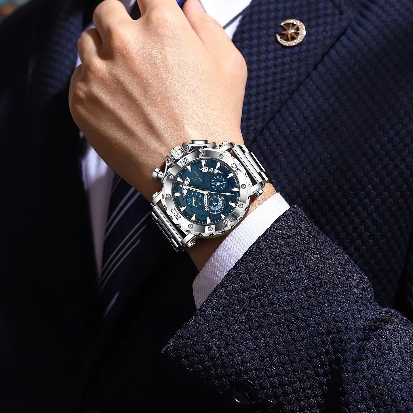 POEDAGAR Luxury Men's Stainless Steel Chronograph Watch Waterproof Luminous Calendar Quartz
