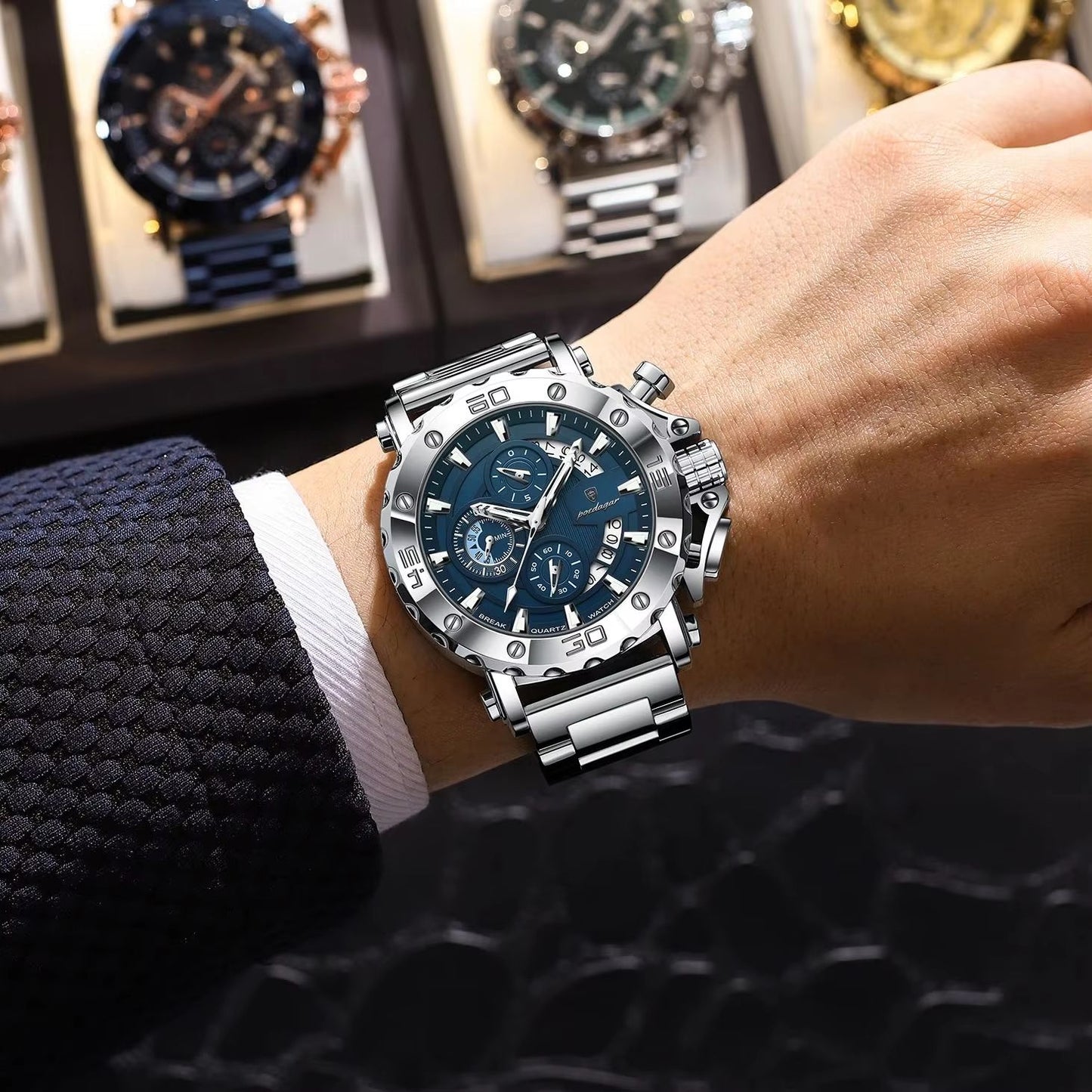 POEDAGAR Luxury Men's Stainless Steel Chronograph Watch Waterproof Luminous Calendar Quartz