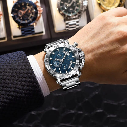POEDAGAR Luxury Men's Stainless Steel Chronograph Watch Waterproof Luminous Calendar Quartz