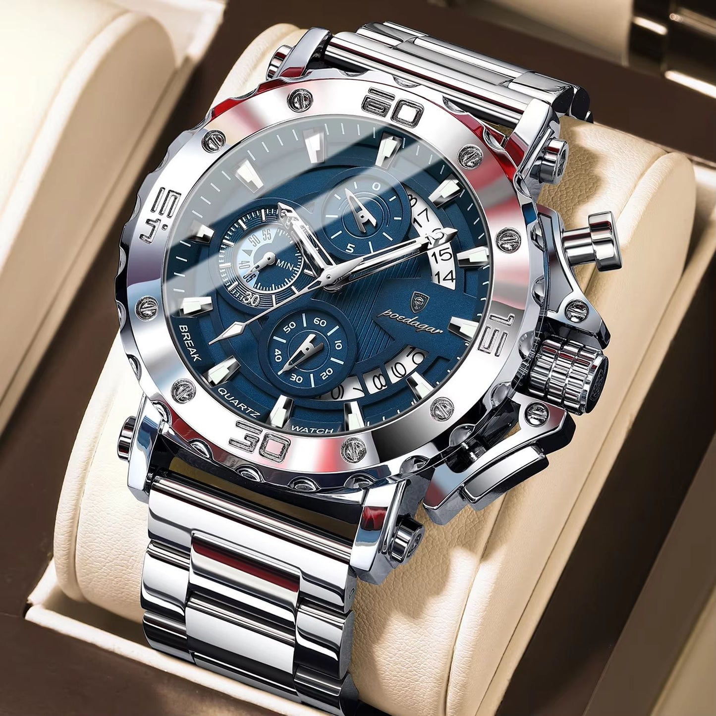 POEDAGAR Luxury Men's Stainless Steel Chronograph Watch Waterproof Luminous Calendar Quartz