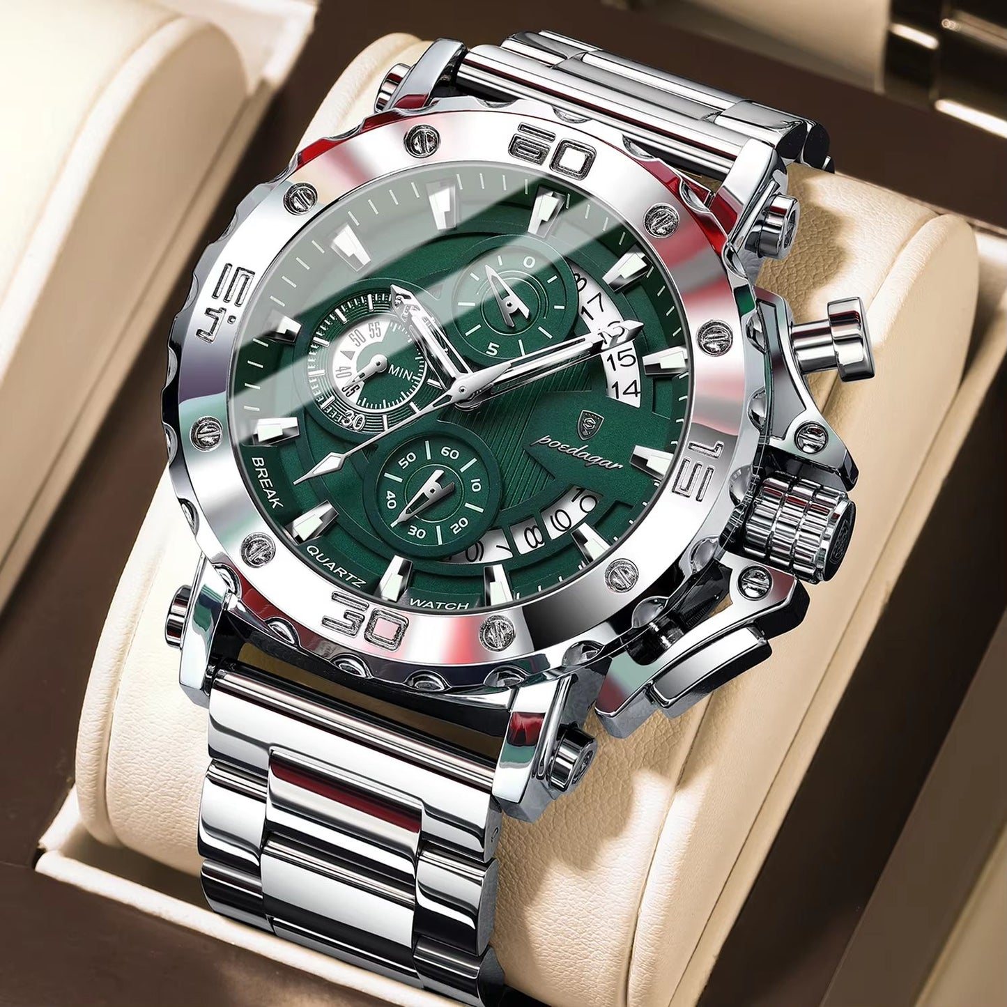 POEDAGAR Luxury Men's Stainless Steel Chronograph Watch Waterproof Luminous Calendar Quartz