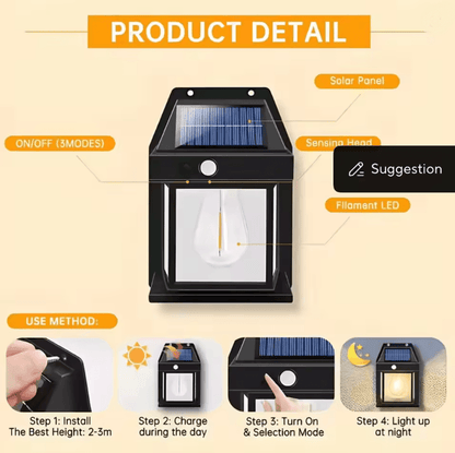 LumaGlow Outdoor Solar Wall Light with Motion Induction and Warm Tungsten Glow