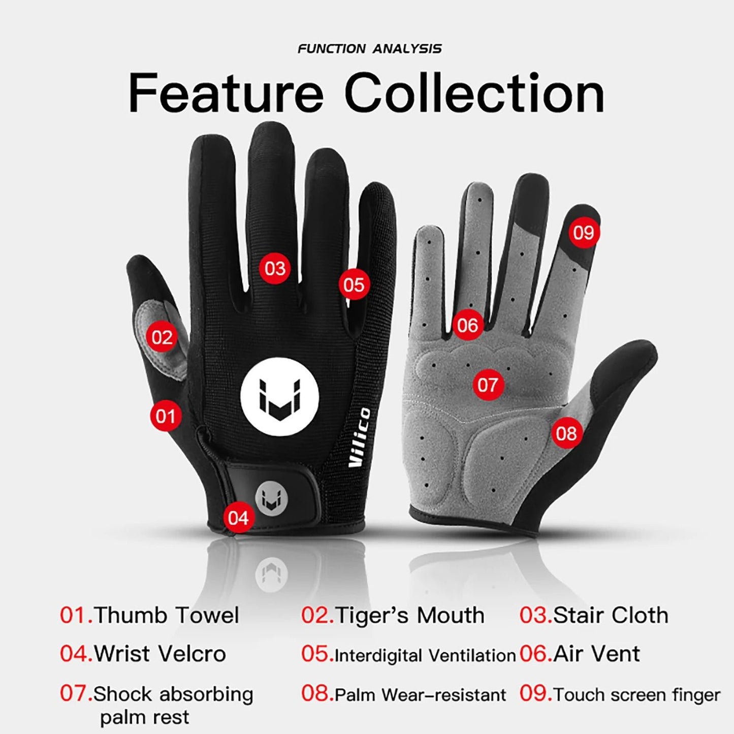 Cycling Full Finger Anti Slip Gloves with Shock Absorption and Breathable Padding