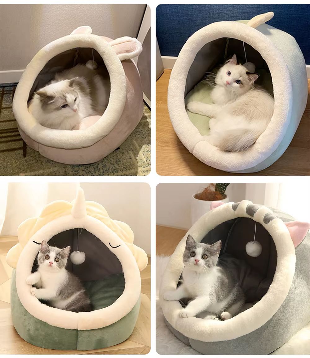 Deep Sleep Cartoon Cat Bed – Foldable, Washable Pet Sleeping Mat & Cave