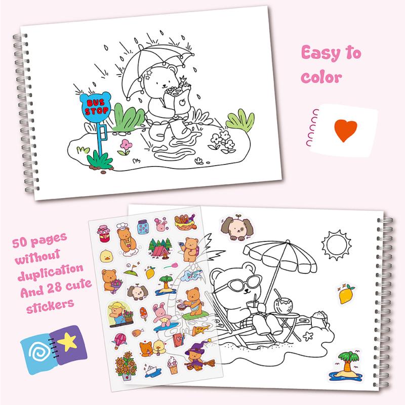 Animal Theme Coloring Book, Cute Little Bear Characters, Graffiti Painting For Adults, Teens, and Kids