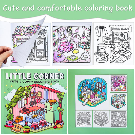 Cozy Home Coloring Book for Kids and Adults, Relaxing Art Therapy with Cute Little Corner Shop Drawings