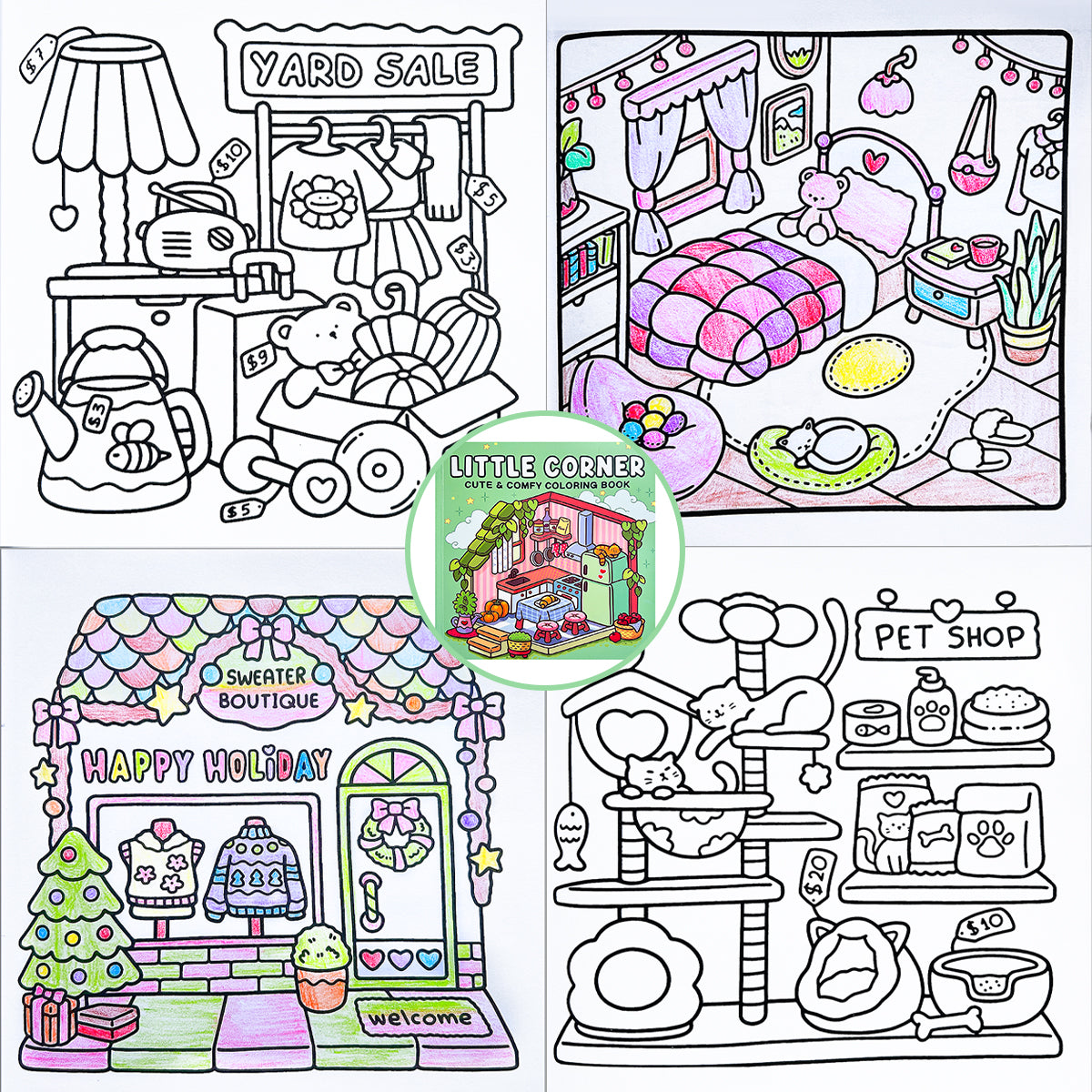 Cozy Home Coloring Book for Kids and Adults, Relaxing Art Therapy with Cute Little Corner Shop Drawings