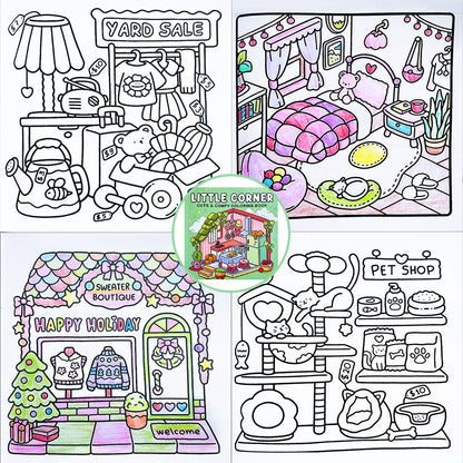 Cozy Home Coloring Book for Kids and Adults, Relaxing Art Therapy with Cute Little Corner Shop Drawings