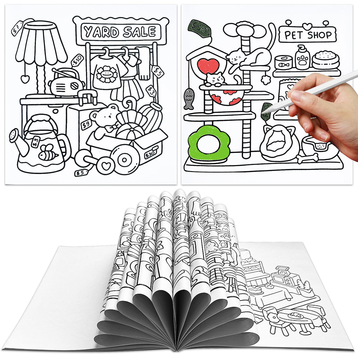 Cozy Home Coloring Book for Kids and Adults, Relaxing Art Therapy with Cute Little Corner Shop Drawings