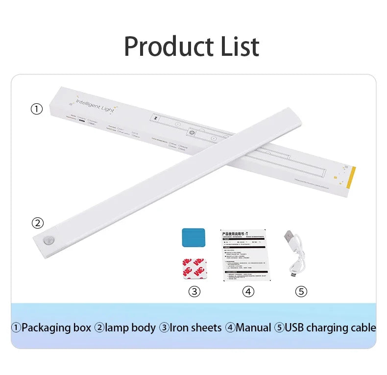 USB Rechargeable LED Bar Light, with Motion Sensor, for Kitchen Cabinet, Wardrobe, and Closet Lighting