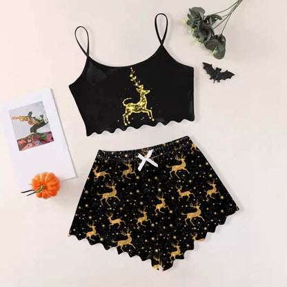 Women's Sexy Christmas Pajama Set, Sleeveless Shorts Sleepwear, Slim Fit Lingerie for Holiday, Daily Home Wear