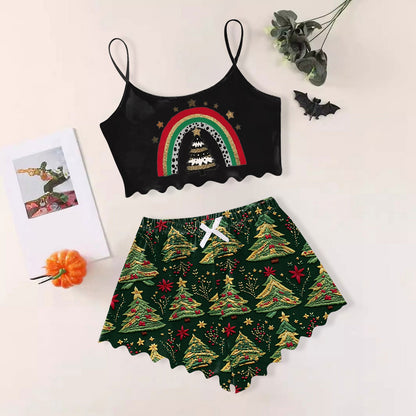 Women's Sexy Christmas Pajama Set, Sleeveless Shorts Sleepwear, Slim Fit Lingerie for Holiday, Daily Home Wear