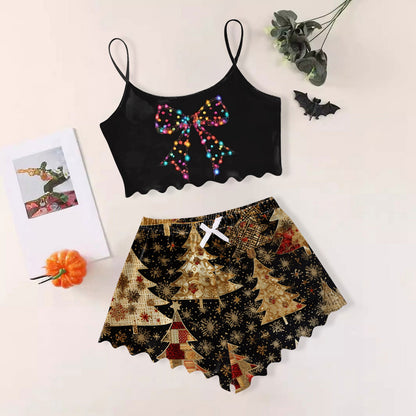 Women's Sexy Christmas Pajama Set, Sleeveless Shorts Sleepwear, Slim Fit Lingerie for Holiday, Daily Home Wear