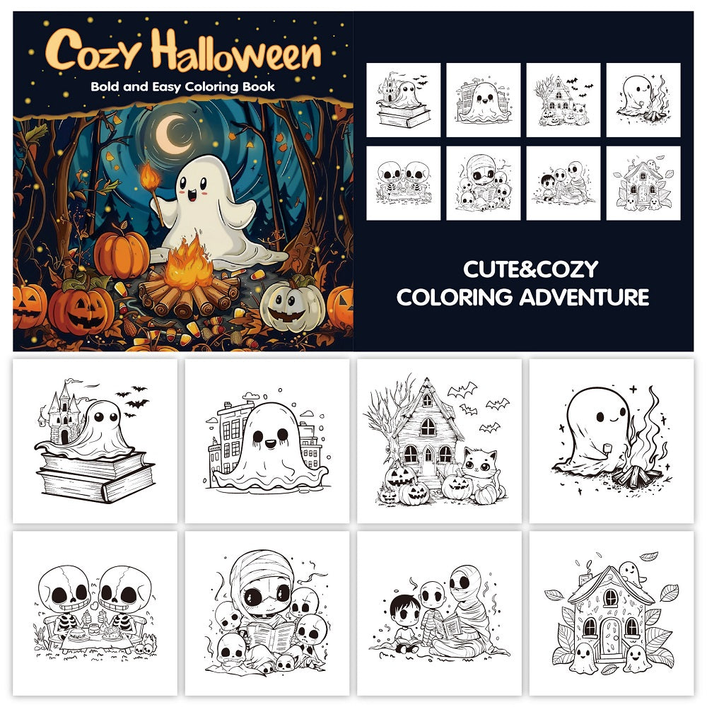 Cozy Halloween Coloring Book for Adults, Bold Easy Art for Stress Relief, Creative Fun Gift for Teens