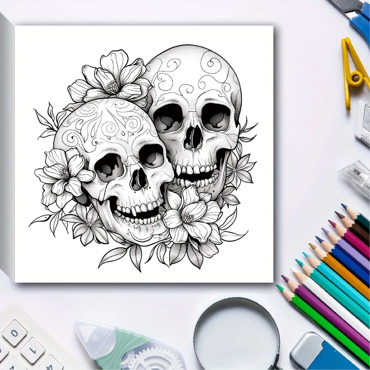 Bview Art Skull Adult Coloring Book, Gothic Doodle Art, 24 Pages of Detailed Designs