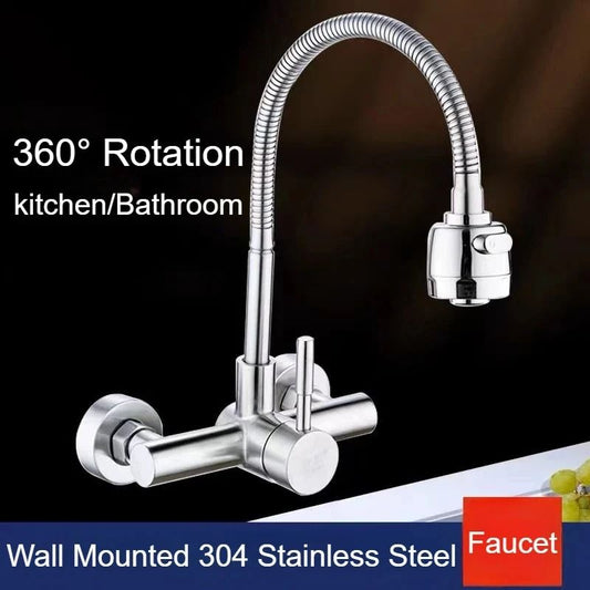 360 Rotatable Stainless Steel Wall Mounted Kitchen Faucet with Hot and Cold Water