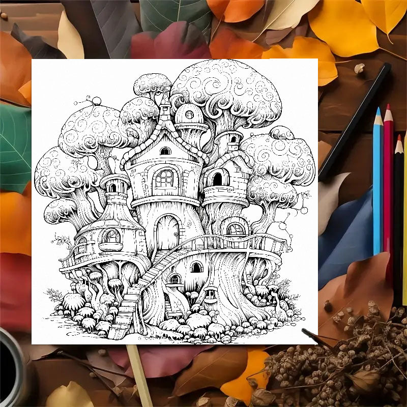 Fantasy Tree House Coloring Book for Adults, Relaxing Art Therapy Sketchbook with Hand Drawn Pages, for Colored Pencils