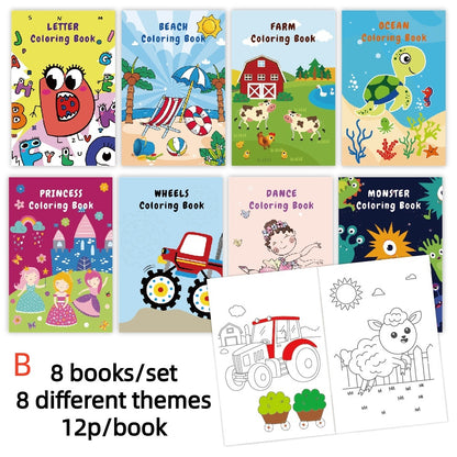 Kids Holiday Party Coloring Book Set, 8 Theme Pack for Creative Fun, Doodle Drawing and Cartoon Characters